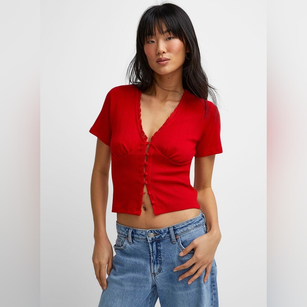Red Pointelle Button Tshirt